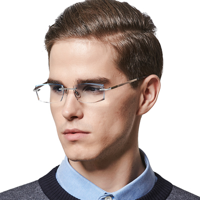 樂凱奇 無框眼鏡男 近視眼鏡框 成品純鈦鉆石切邊眼鏡平光眼睛架